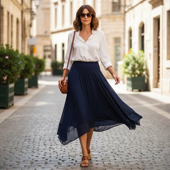 I.N. Studio Dresses & Skirts - IN Studio 1X Midi Skirt Navy Blue Pull On Flowy Chiffon Hem Whimsigoth Boho Mod